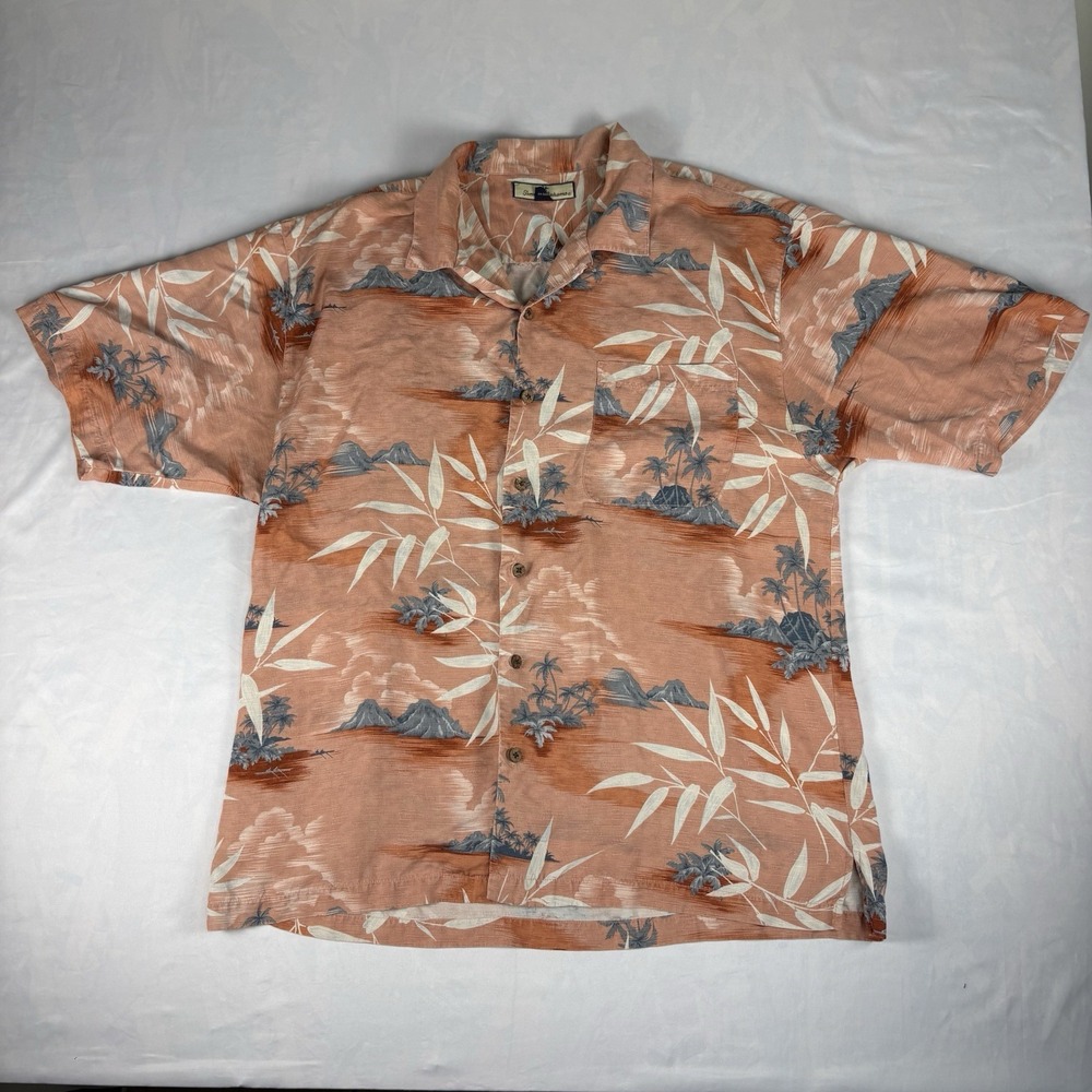 Tommy Bahama Men's Silk Woven Hawaiian Floral Shirt Pink/Blue/White XL Pockets